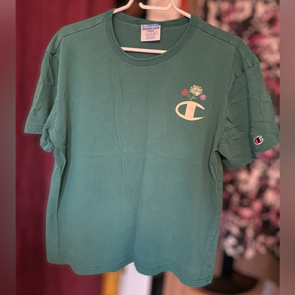 VINTAGE Style - Champion T Womens Large Green Flowers Floral Logo Short Sleeve